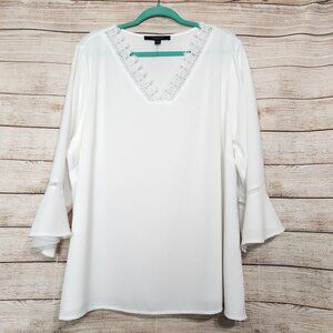 Marc New York Andrew Marc 3X White Lace Trim Blouse Long Sleeve Eyelet Bell New